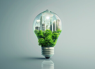 A light bulb containing an urban landscape with green trees, buildings and wind turbines floating in water, symbolizing sustainable energy on a white background.