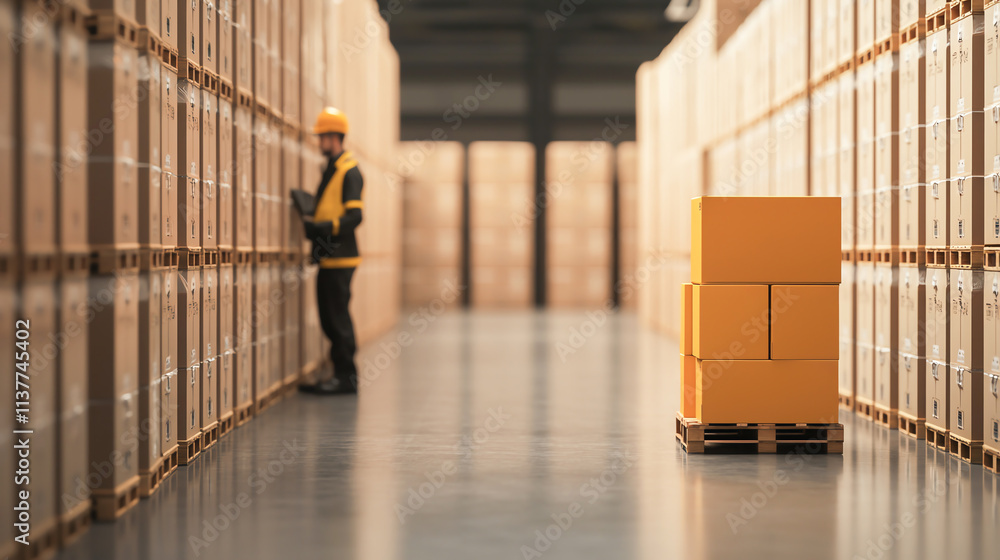 Poster efficient warehouse with robotic forklifts transporting pallets and boxes