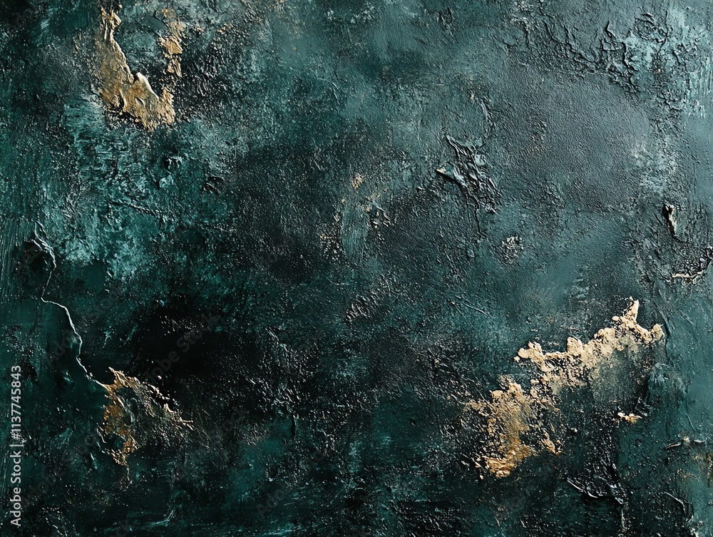 Poster textured teal and gold background with distressed and abstract elements.