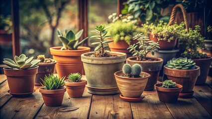 Vintage Potted Plants Background, Aesthetic Free Stock Photo, Botanical Photography, Retro Plant Decor