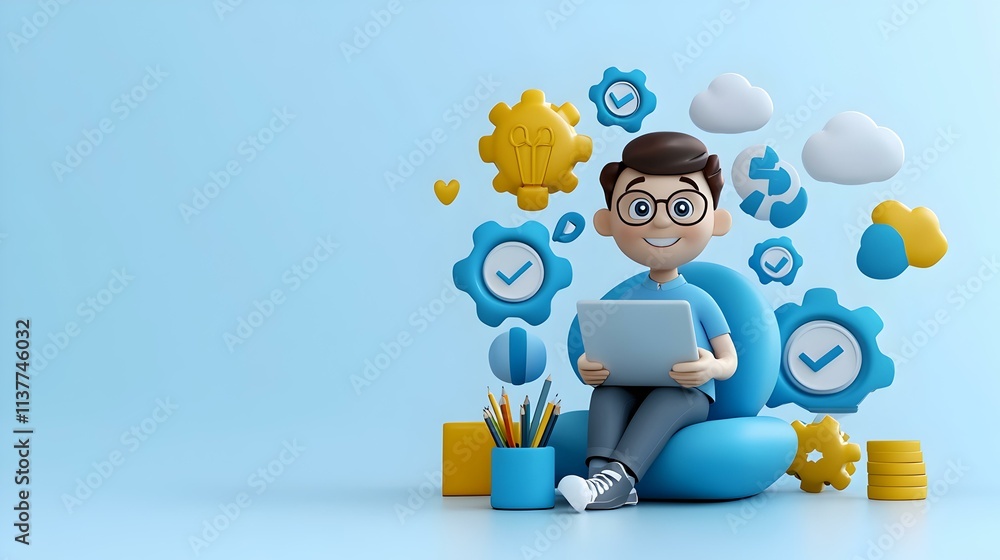Poster young developer engaged in web development with colorful 3d vector elements and icons