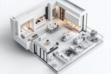 Modern Apartment Floor Plan, Bird's Eye View, White Interior Design