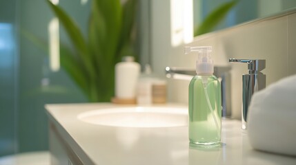 Fototapeta premium Serene Bathroom Green Liquid Soap Dispenser on Modern Sink.