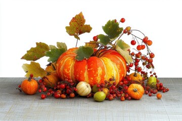 Herbst - Freisteller - Dekoration mit Kürbis- Beeren und buntem Herbstlaub