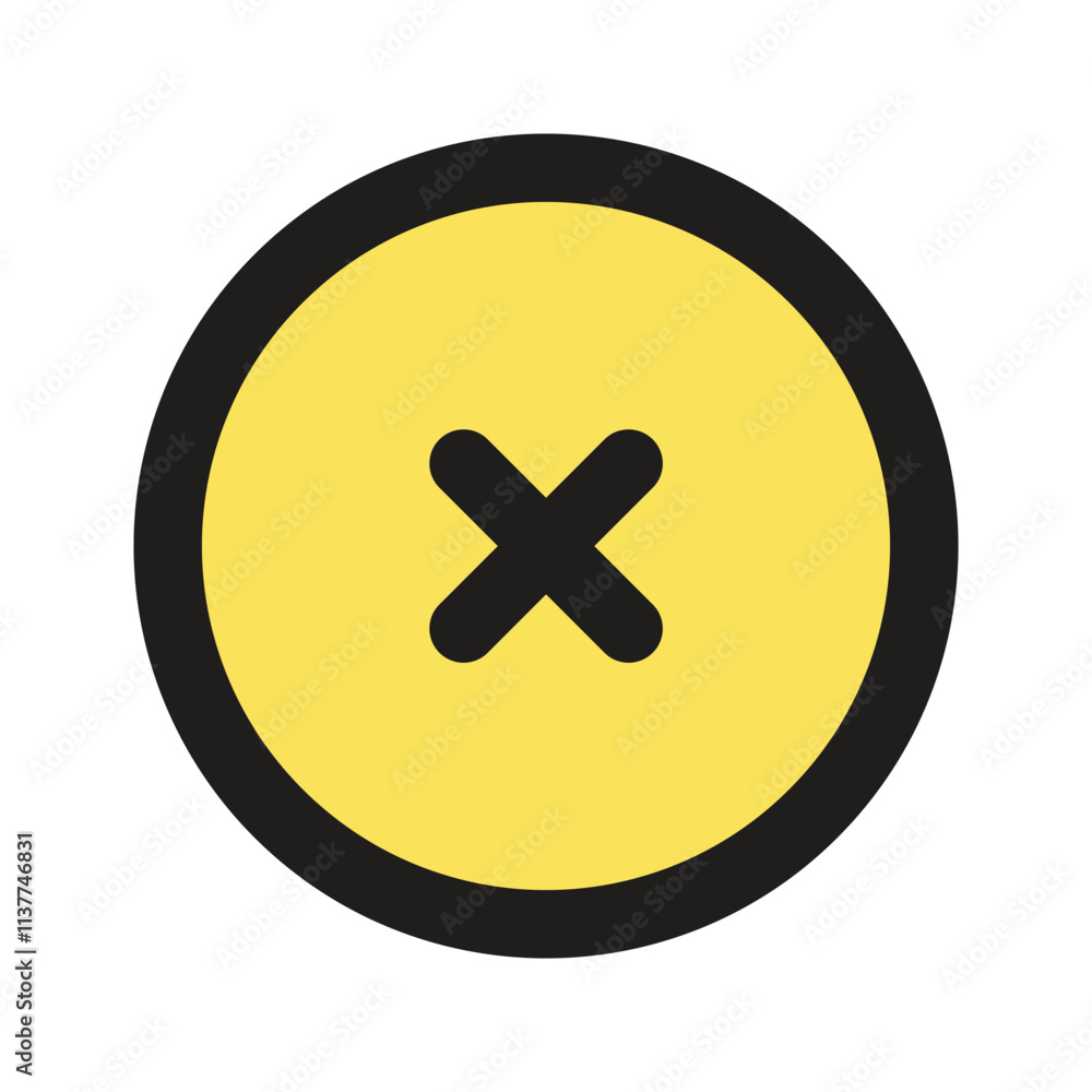 Poster a pixelated image depicting a single yellow button featuring a black cross in the center.
