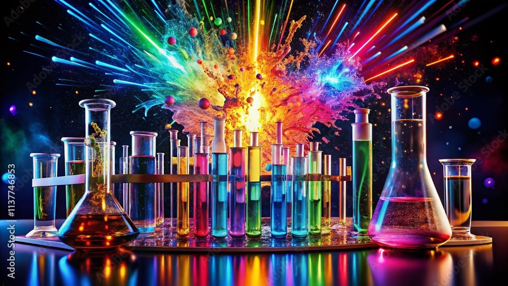 Aufkleber night photography of test tubes exploding with colorful chemical reactions, creating a dynamic labor