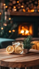 A cozy drink setting with a glass of lemon water and a warm fireplace backdrop.
