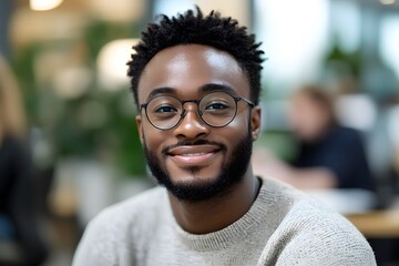 Fototapeta premium Close-up of a smiling young Black man with glasses and curly hair, captured in a bright indoor environment