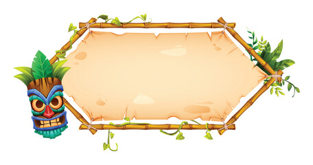 Tiki style bamboo frame with tropical vines, blank parchment, and tribal mask. Vector cartoon illustration © YG Studio