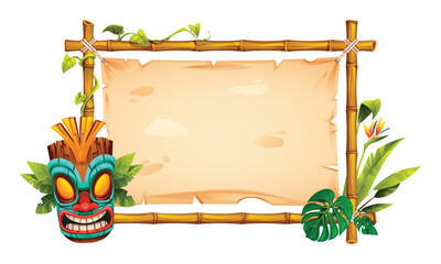 Tiki style bamboo frame with blank parchment, tribal mask, and tropical leaves. Vector cartoon illustration