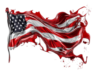 A 3D rendering of fluid artwork showcasing the swirling colors and patterns of the American flag, with red, white, and blue hues flowing dynamically, isolated on a transparent background.