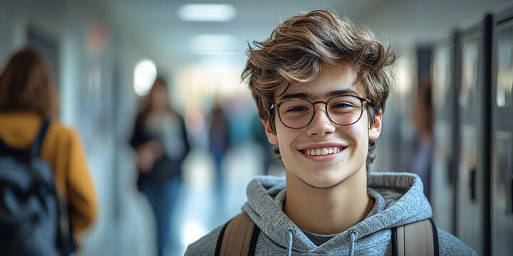 A cheerful teenage boy smiles at the camera in a school corridor.