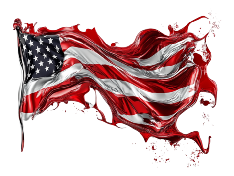 A 3D rendering of fluid artwork showcasing the swirling colors and patterns of the American flag, with red, white, and blue hues flowing dynamically, isolated on a transparent background.