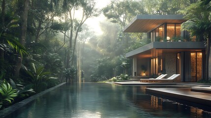 Obraz premium Infinity pool reflecting a dense rainforest, luxurious modern villa featuring natural materials and open design, misty jungle views creating a serene atmosphere, cinematic lighting,