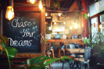 Naklejka premium Chalkboard sign in cozy cafe with Chase Your Dreams message