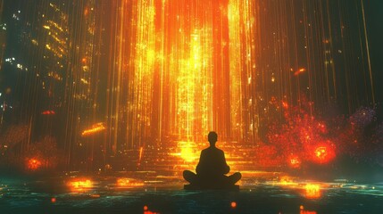 Silhouetted figure meditating before a futuristic, glowing cityscape.