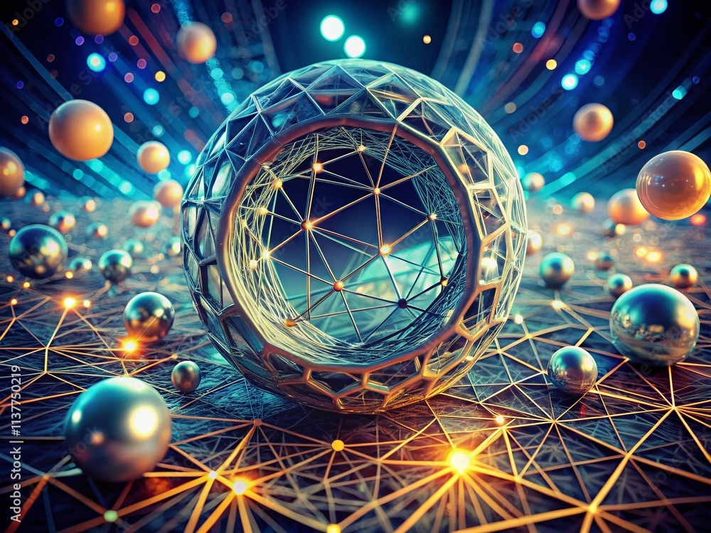 Poster vintage style photography of wireframe torus in 3d, showcasing abstract geometric shapes and technol