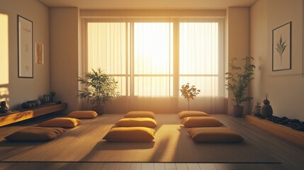 Serene Sunrise Yoga Studio Interior.
