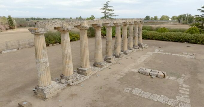 Aerial view of the Tavole Palatine ("Palatine Tables") located in Metaponto, Basilicata, Italy. They are the remains of a hexastyle peripteral Greek temple of Magna Graecia.