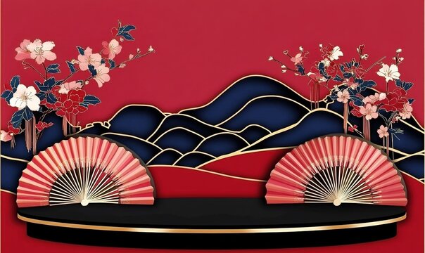  abstract pattern featuring a festive Chinese New Year product exhibition background with red and gold color scheme. This design showcases a circular podium surrounded by traditional Chinese paper fan