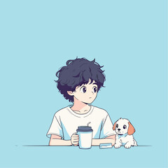 Relaxing scene with a coffee cup, person, and puppy.