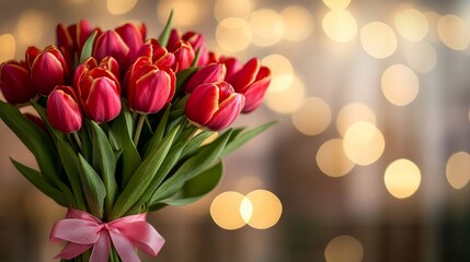 Obraz premium A Bouquet of Red Tulips with a Pink Ribbon
