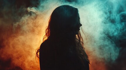 Fototapeta premium Abstract Smoke Effect with Dark Backdrop and Single Silhouette Against Colorful Swirling Smoke