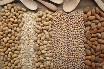 Fototapeta premium A top-down display of healthy peanuts, soybeans, oats, and almonds with wooden spoons.