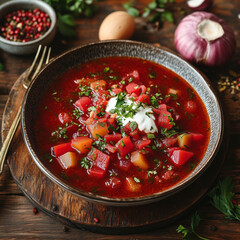 Traditional Ukrainian Borscht. Red Beetroot Soup Bowl. Classic Borscht with Sour Cream.Rustic Beet Soup Presentation