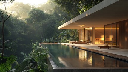 Fototapeta premium Modern rainforest sanctuary featuring expansive glass walls, open terraces, and infinity pool overlooking dense greenery, sunlight dappling through leaves, minimalist design blending with nature,