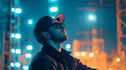 Naklejka premium Urban Electrical Engineer in Headphones Against a Neon Cityscape at Night