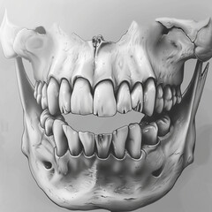 Medical Skull Anatomy Drawing. Anatomical Skull Illustration. Realistic Jawbone and Teeth