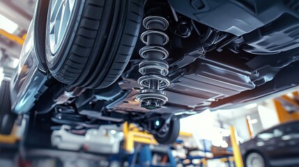 Mechanic Working on Car Suspension System Using Lift in Modern Auto Repair Workshop