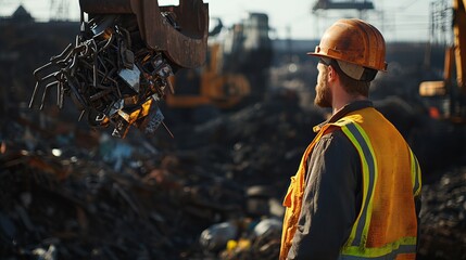 Worker in Junkyard Using Crane Magnet to Lift Metal Scraps for Recycling Process