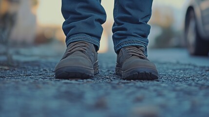 Close-Up View of Feet in Shoes Walking on a Gravel Path during a Bright Day
