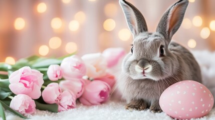 Adorable gray bunny with pink tulips and a decorated Easter egg against a soft bokeh light background, festive spring theme