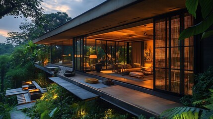 Modern tropical villa with sleek minimalist design, bamboo features framing large windows that open to rainforest views, warm ambient lighting, lush green surroundings,