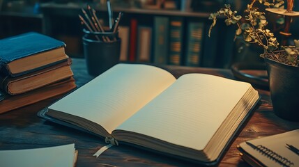 Cozy Workspace Setup Featuring Open Notebooks, Laptop, and Potted Plant on Wooden Desk