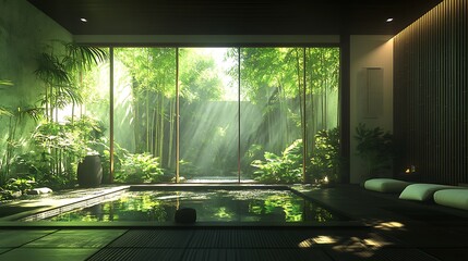 Fototapeta premium Modern tropical villa with sleek minimalist design, bamboo features framing large windows that open to rainforest views, warm ambient lighting, lush green surroundings,