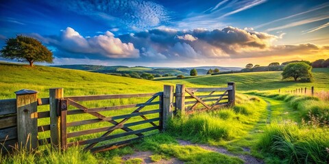 Fototapeta premium Open Wooden and Metal Gate Leading to a Lush Grass Field in a Serene Rural Landscape with Expansive Blue Sky and Gentle Breeze, Inviting Nature Exploration and Adventure