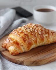 A golden croissant topped with almonds on a wooden board, accompanied by coffee.