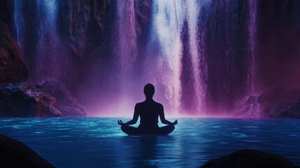 Obraz premium Serene Silhouette Woman Meditating by a Magical Waterfall.