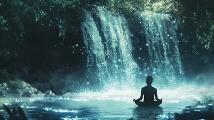 Obraz premium Serene Meditation by Waterfall Tranquil Yoga Pose in Nature.