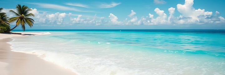 Obraz premium Tropical beach with white sand, palm tree, calm turquoise ocean, blue sky, sunny day, Maldives island, tropical, white sand
