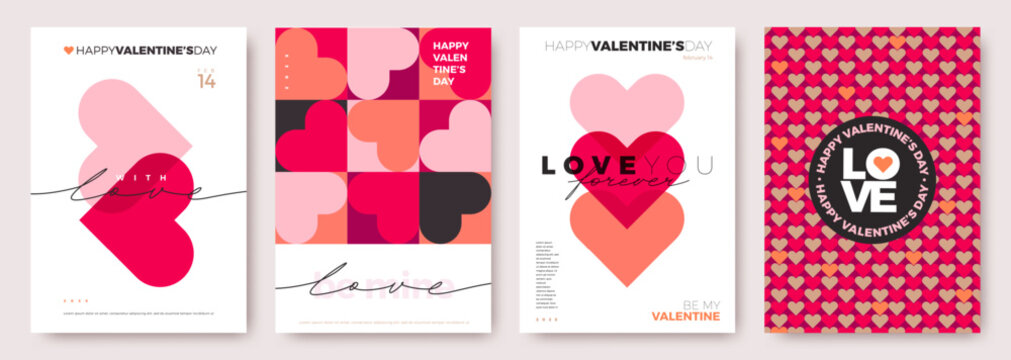 Set of Valentines Day greeting card. Trendy minimalist aesthetic design with hearts, typograpty and lettering. Template for invitation, cover, banner, poster, flyer. Vector illustration.