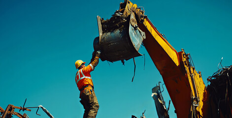 Worker Operating Crane to Lift Metal from Junkyard in Clear Blue Sky