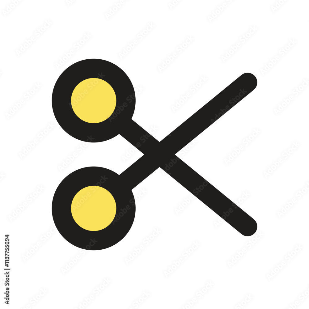 Poster a low resolution pixel art image showing a pair of black scissors against a dark grey background.
