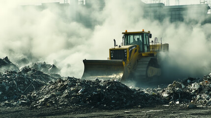 Bulldozer Moving Piles of Junk in Dusty Junkyard Environment During Daytime Operations