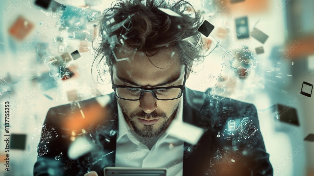 Poster businessman multitasking with laptop in a dynamic digital environment