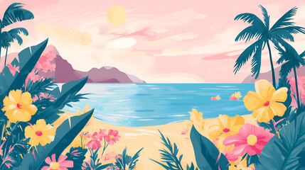 Tropical Beach Scene with Lush Flowers and Palm Trees